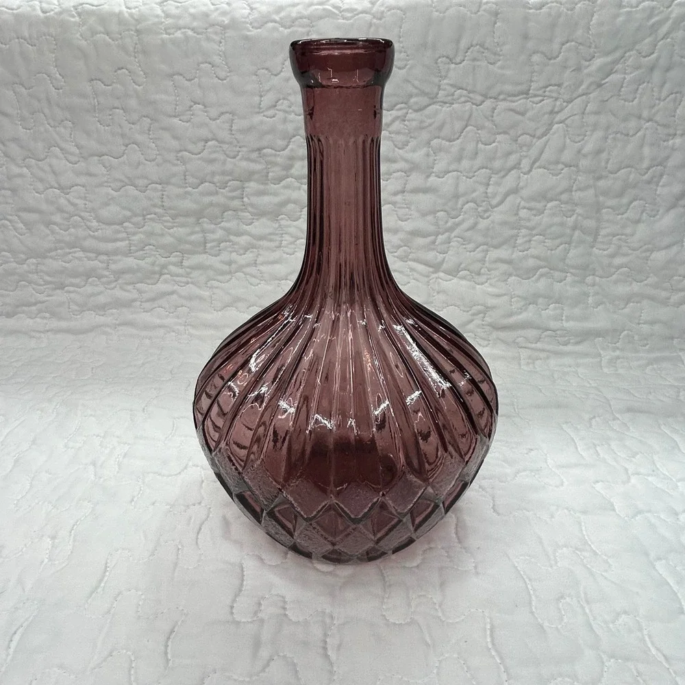 Vintage Italian Amethyst Purple Plum Art Glass Decanter Vase Ribbed Diamond 10